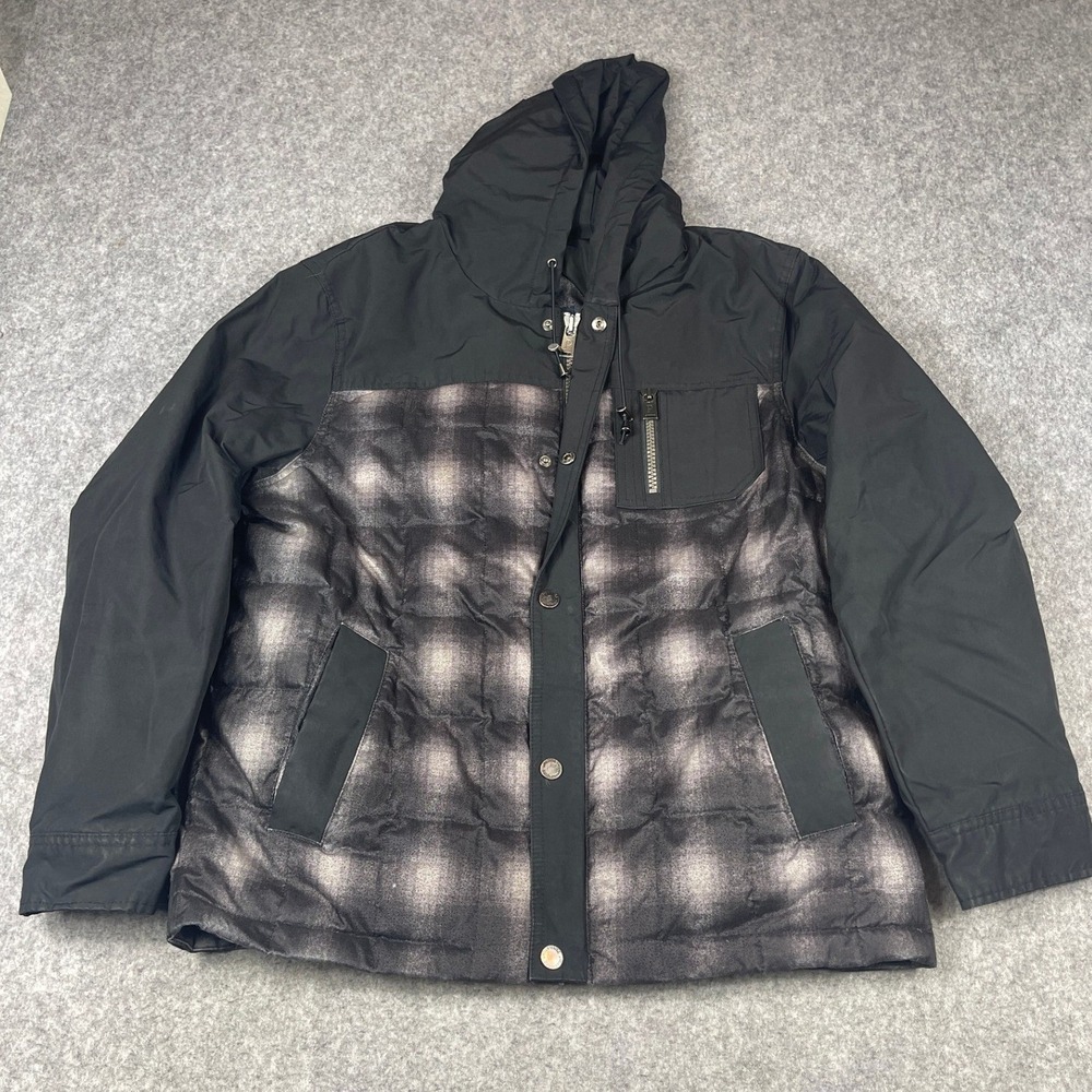 Pendleton Mens Hooded Down Puffer Jacket Black Grey Ombre Plaid Size Medium